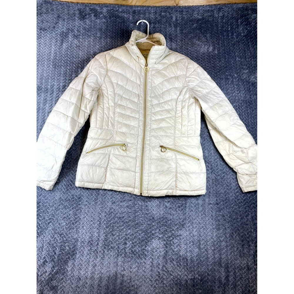 Michael Kors Puffer Jacket Womens Medium Beige Down Lined Mock Neck Full Zip
